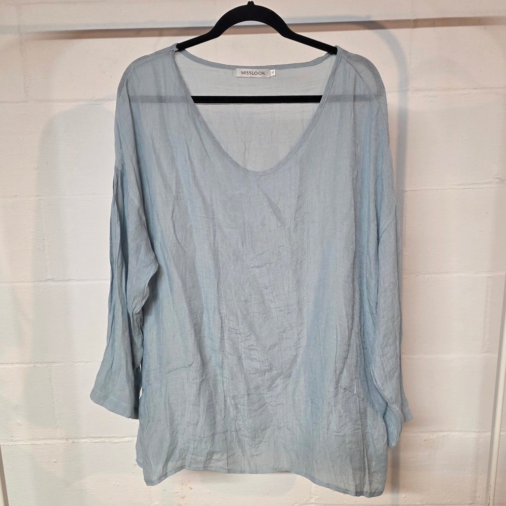 MISSLOOK Womens 3XL Light Blue V Neck Crinkle Textured Relaxed Blouse Top Breezy